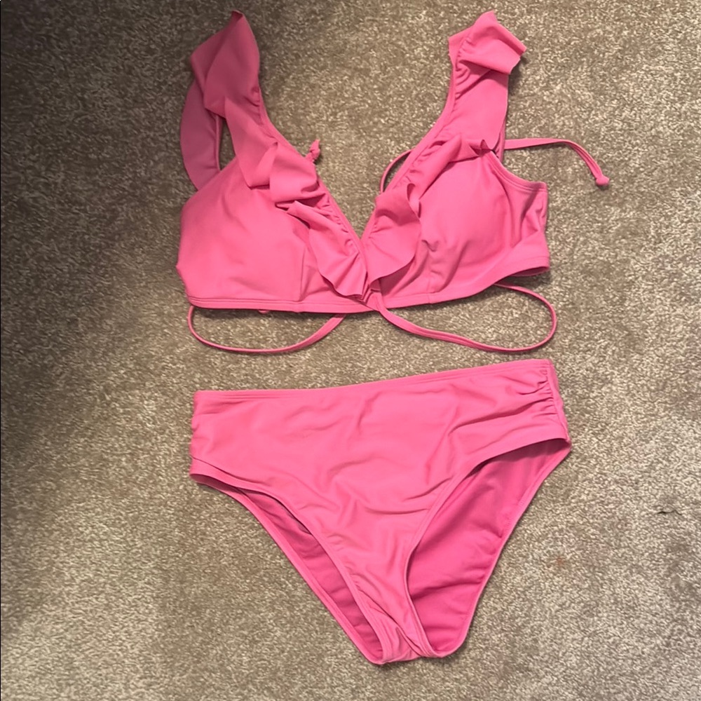 Pink Ruffled Bikini Set With Criss-Cross Tie in Back